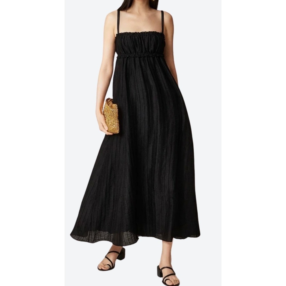 J.Crew Collection Maxi Dress‎ Womens 6 Black Linen Blend Ruffle Empire Waist NWT